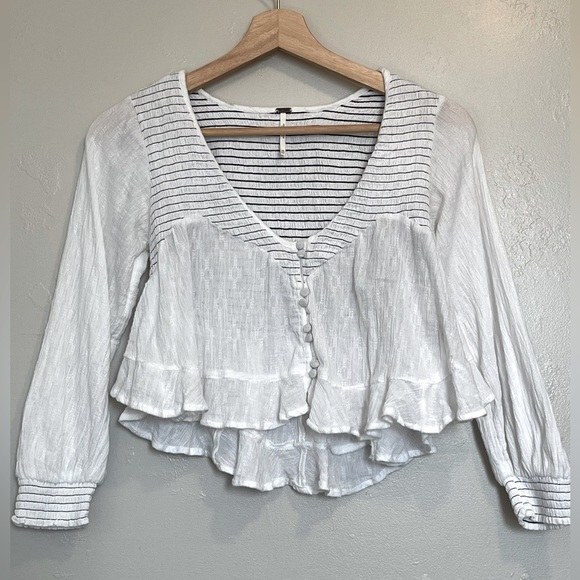 Free People White Cotton Smocked & Striped Women's Top - Picture 1 of 14